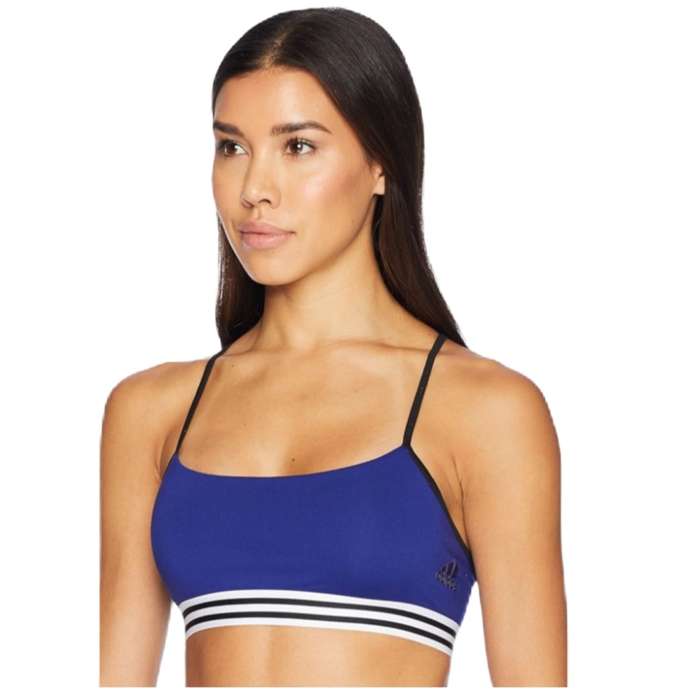 adidas Blue and Black Strappy Sports Bra with White Stripe